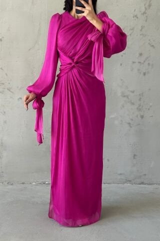 Zarif Tasarım Drape Detaylı Tesettür Abiye Fuşya