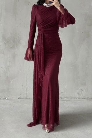 Lace Hijab Evening Dress Burgundy