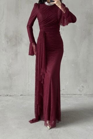 Lace Tesettür Abiye Bordo