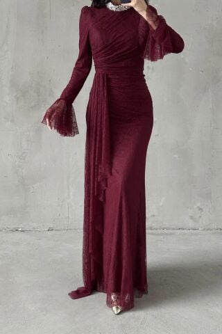 Lace Tesettür Abiye Bordo