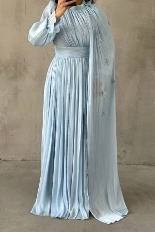 Zarif Çiçek Detaylı Janjan Tesettür Abiye Bebe Mavisi