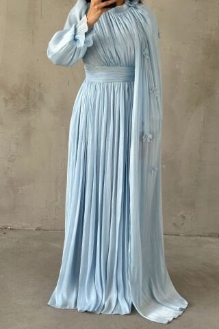 Zarif Çiçek Detaylı Janjan Tesettür Abiye Bebe Mavisi