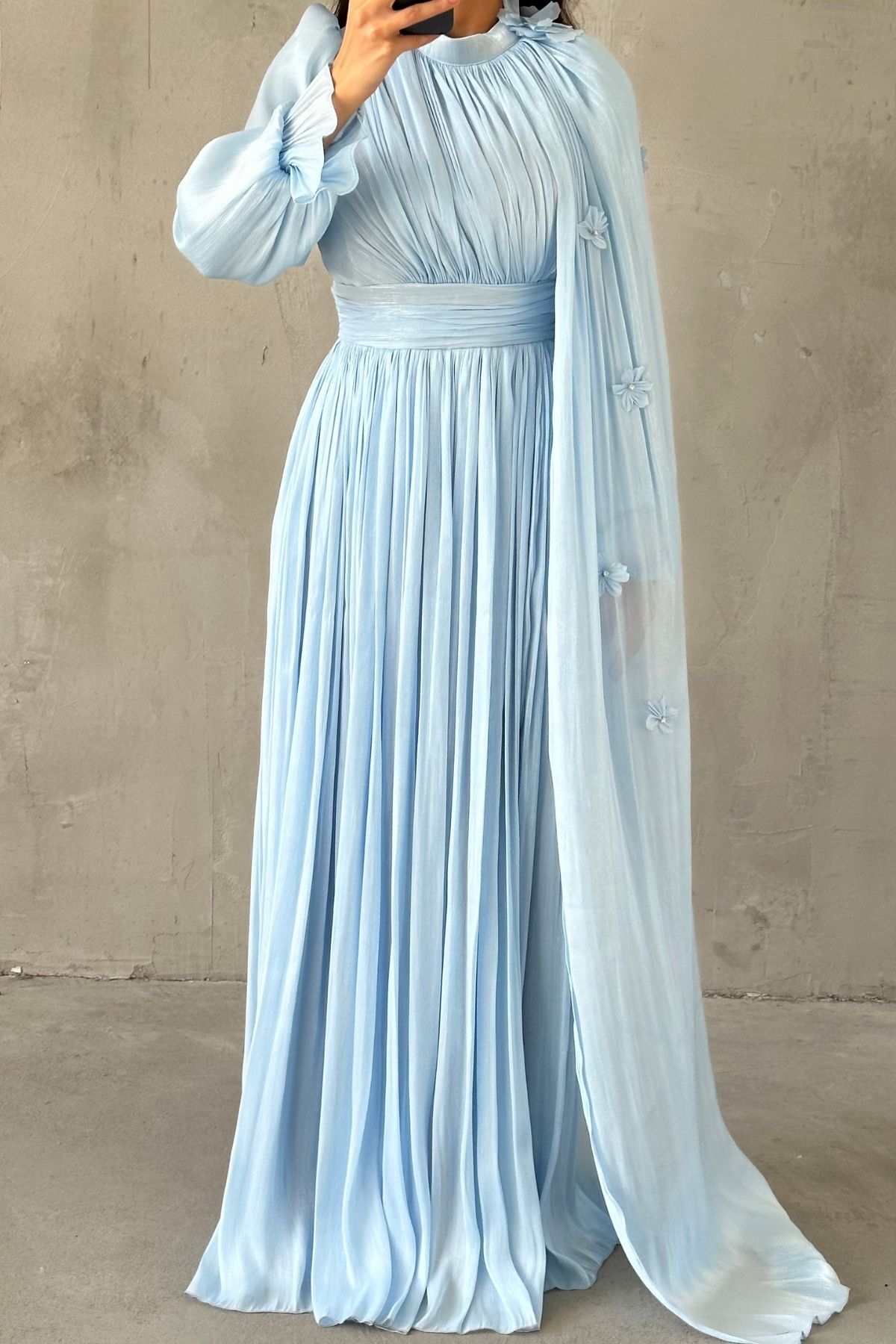 Zarif Çiçek Detaylı Janjan Tesettür Abiye Bebe Mavisi