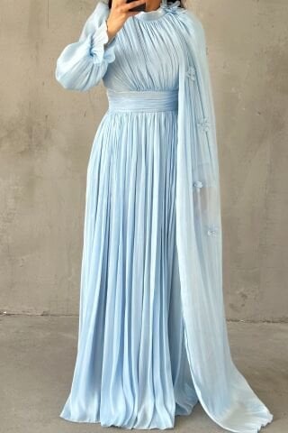 Zarif Çiçek Detaylı Janjan Tesettür Abiye Bebe Mavisi