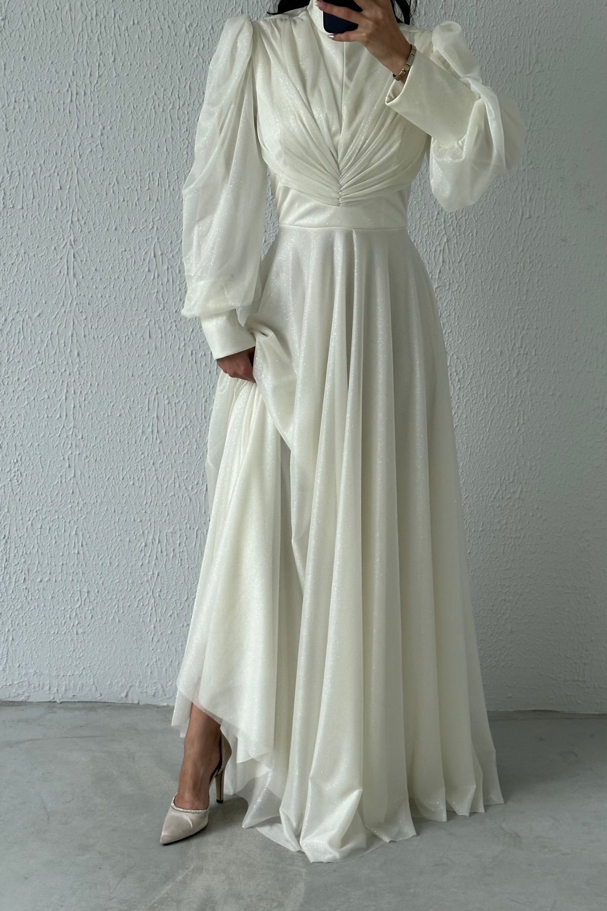 Drape Detaylı Simli Tesettür Abiye Ekru