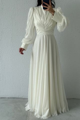 Drape Detaylı Simli Tesettür Abiye Ekru