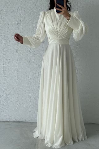 Drape Detaylı Simli Tesettür Abiye Ekru