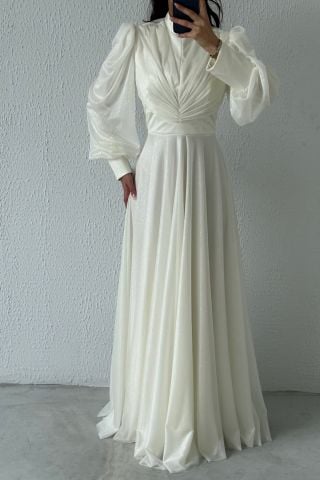 Drape Detaylı Simli Tesettür Abiye Ekru