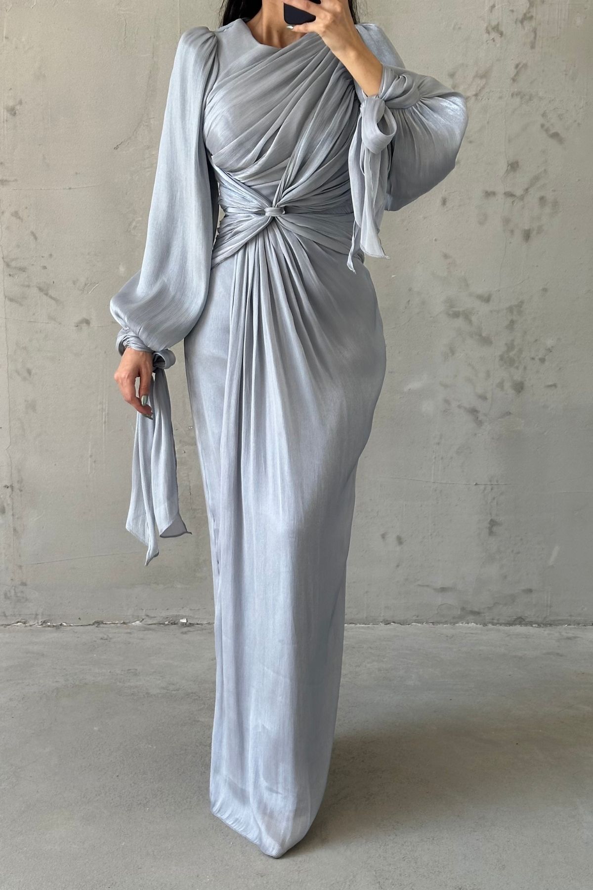 Elegant Design Drape Detailed Hijab Evening Dress Gray
