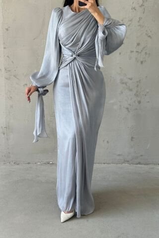 Elegant Design Drape Detailed Hijab Evening Dress Gray