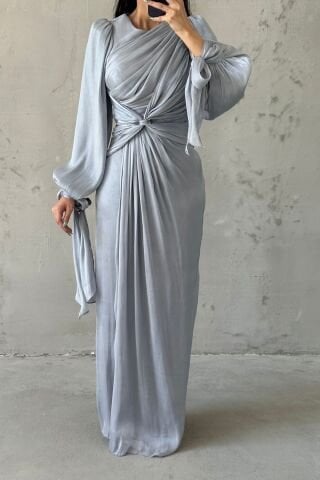Elegant Design Drape Detailed Hijab Evening Dress Gray