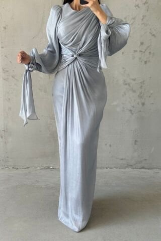 Elegant Design Drape Detailed Hijab Evening Dress Gray