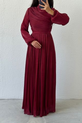 Drapeli Zarafet Organze Tesettür Abiye Bordo