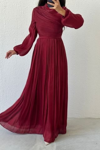 Drapeli Zarafet Organze Tesettür Abiye Bordo