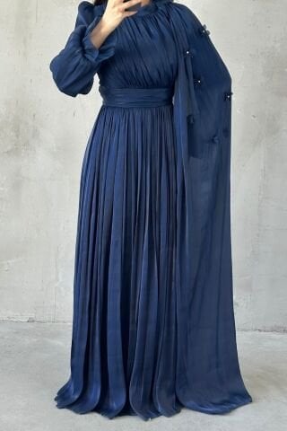 فستان سهرة أنيق مزين بالورود من جانجان، أزرق داكن