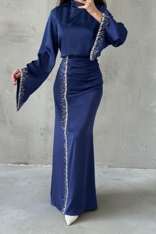 Flowing Sleeve Sparkly Embroidered Satin Hijab Evening Dress Navy Blue