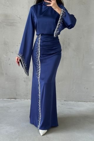 Flowing Sleeve Sparkly Embroidered Satin Hijab Evening Dress Navy Blue