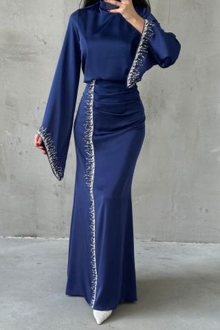 Flowing Sleeve Sparkly Embroidered Satin Hijab Evening Dress Navy Blue