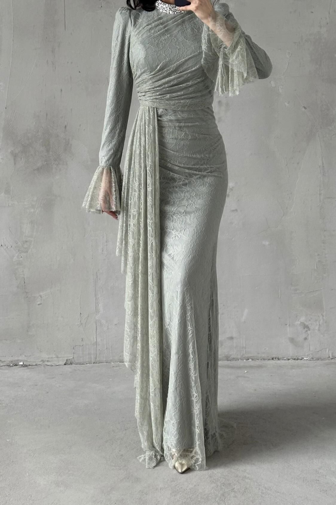 Lace Tesettür Abiye Mınt Yeşili