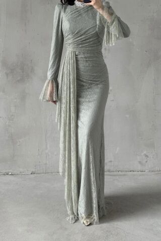 Lace Hijab Evening Dress Khaki - Leyuze Boutique Lace Hijab Evening Dress Khaki - Leyuze Boutique