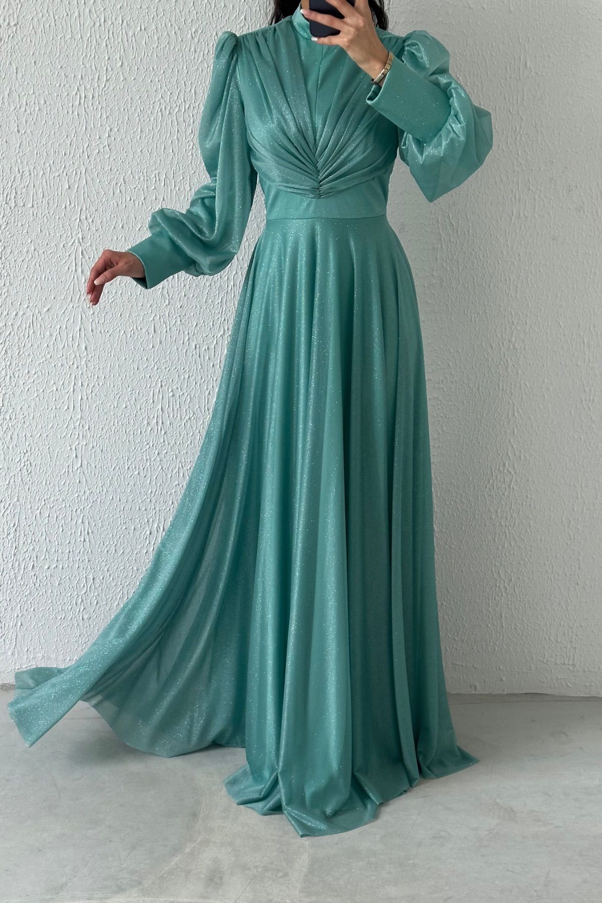 Drape Detaylı Simli Tesettür Abiye Turkuaz