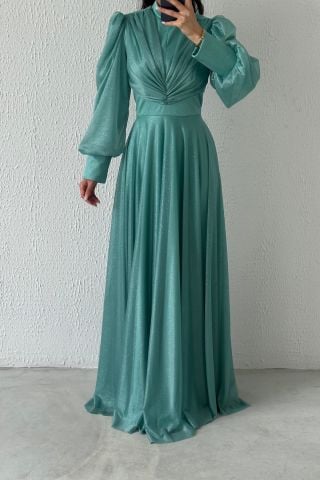 Drape Detaylı Simli Tesettür Abiye Turkuaz