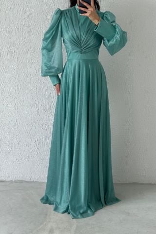 Drape Detaylı Simli Tesettür Abiye Turkuaz