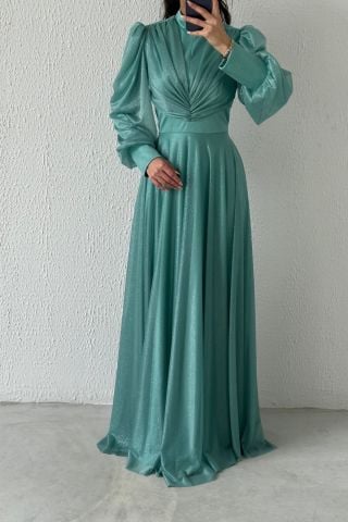 Drape Detaylı Simli Tesettür Abiye Turkuaz