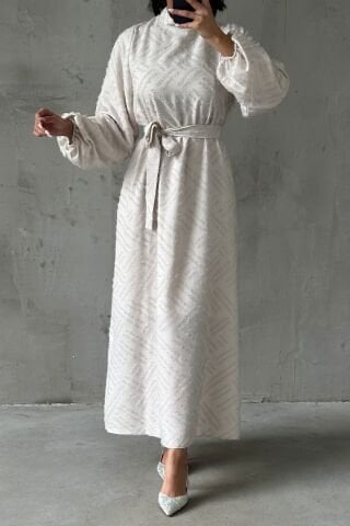 Glitter Embroidered Belt Detailed Hijab Evening Dress Ecru