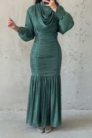 Pleated Waistline Thin Janjan Hijab Evening Dress Green