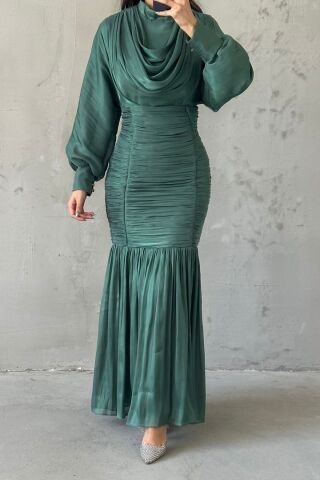 Pleated Waistline Thin Janjan Hijab Evening Dress Green