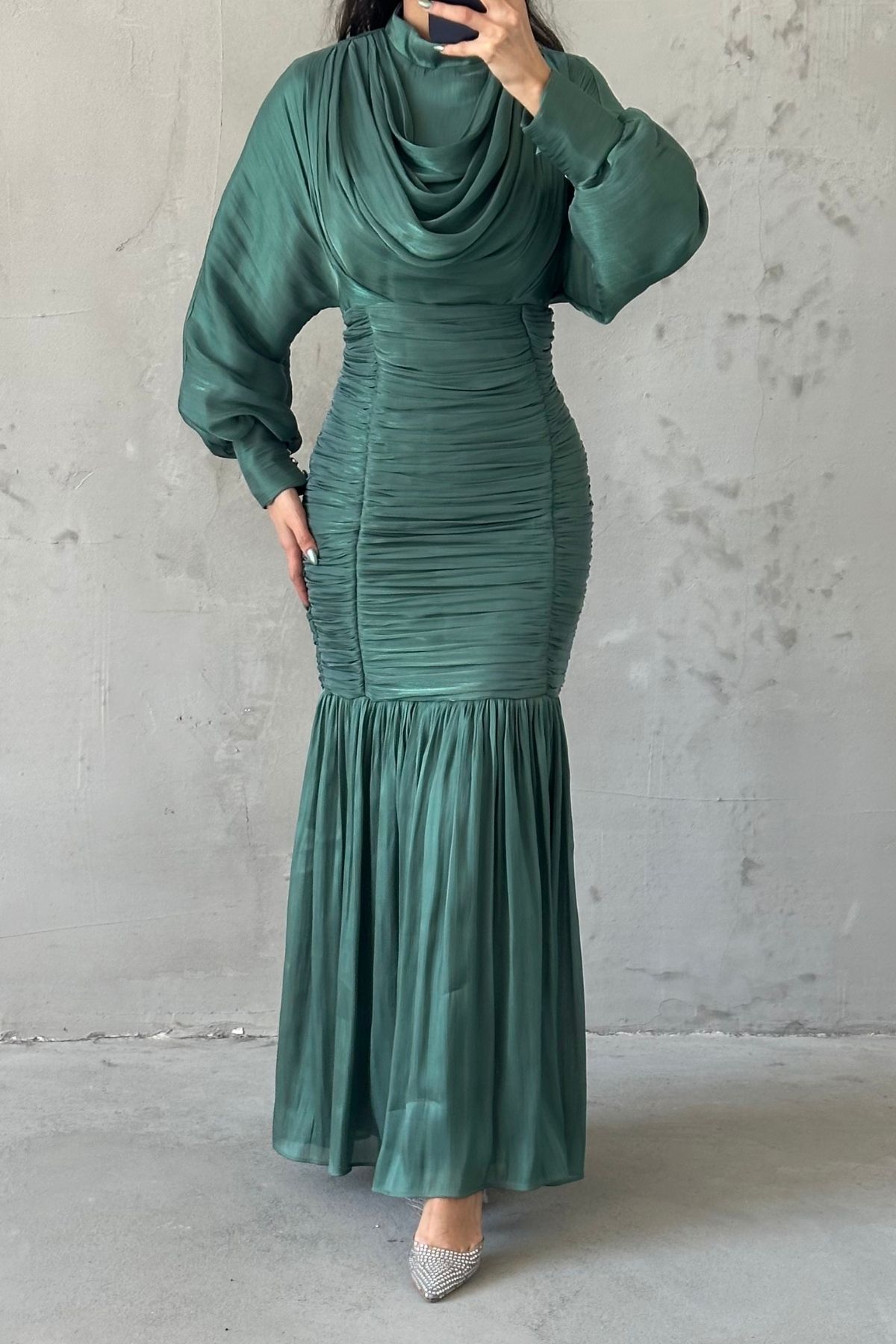 Pleated Waistline Thin Janjan Hijab Evening Dress Green