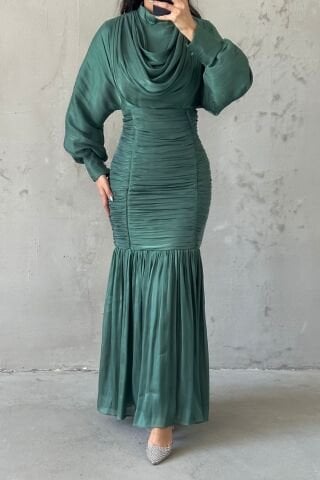 Pleated Waistline Thin Janjan Hijab Evening Dress Green