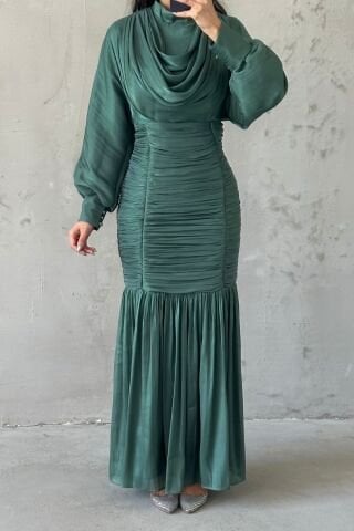 Pleated Waistline Thin Janjan Hijab Evening Dress Green
