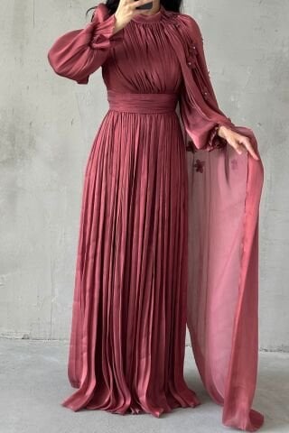 Elegant Flower Detailed Janjan Hijab Evening Dress Powder