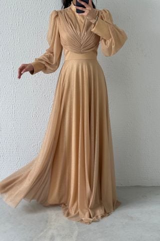 Drape Detaylı Simli Tesettür Abiye Bakır