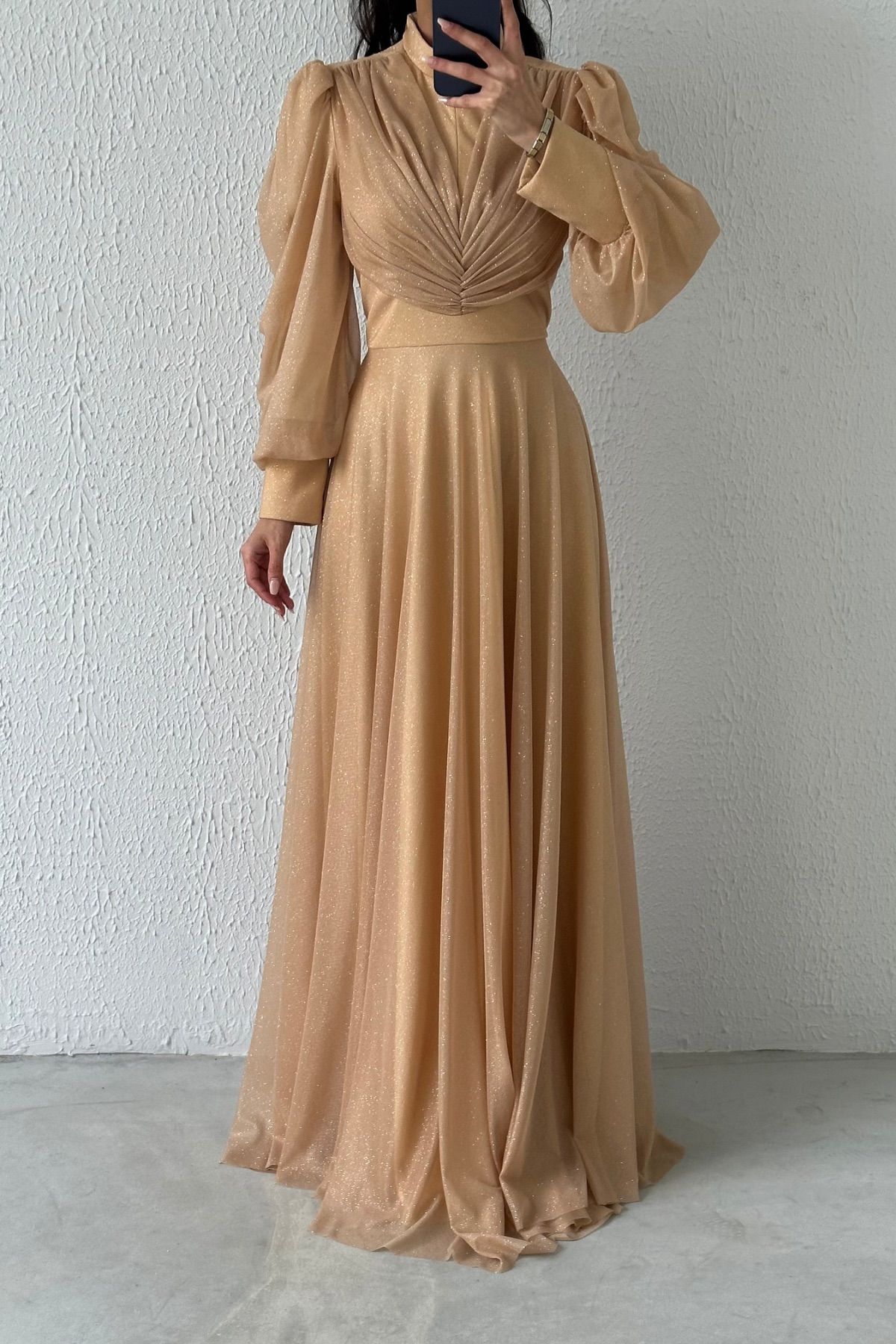 Drape Detaylı Simli Tesettür Abiye Bakır