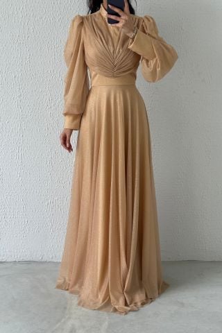 Drape Detaylı Simli Tesettür Abiye Bakır
