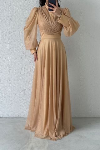 Drape Detaylı Simli Tesettür Abiye Bakır