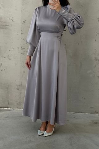 Balloon Sleeve Pearl Detailed Satin Hijab Evening Dress Gray
