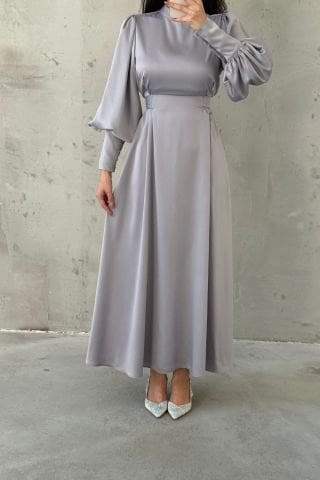 Balloon Sleeve Pearl Detailed Satin Hijab Evening Dress Gray
