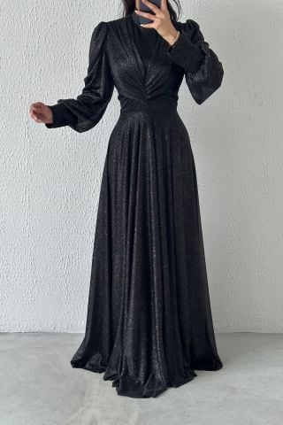 Drape Detailed Glittered Hijab Evening Dress Black