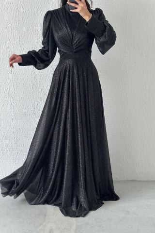 Drape Detailed Glittered Hijab Evening Dress Black