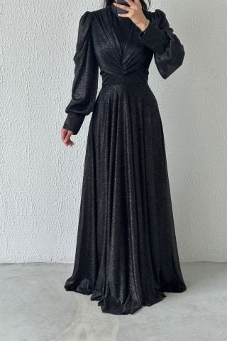 Drape Detailed Glittered Hijab Evening Dress Black