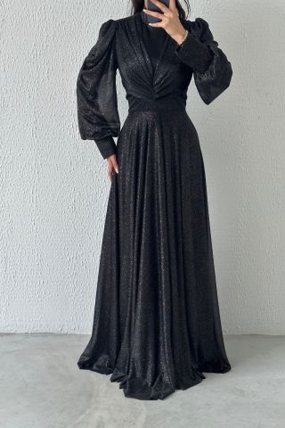 Drape Detailed Glittered Hijab Evening Dress Black