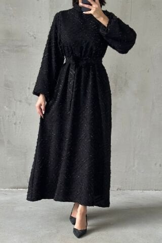 Shimmer Embroidered Belt Detailed Hijab Evening Dress Black