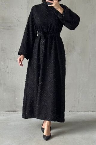 Sim İşlemeli Kuşak Detaylı Tesettür Abiye Siyah