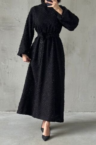 Sim İşlemeli Kuşak Detaylı Tesettür Abiye Siyah