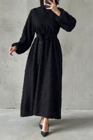 Sim İşlemeli Kuşak Detaylı Tesettür Abiye Siyah