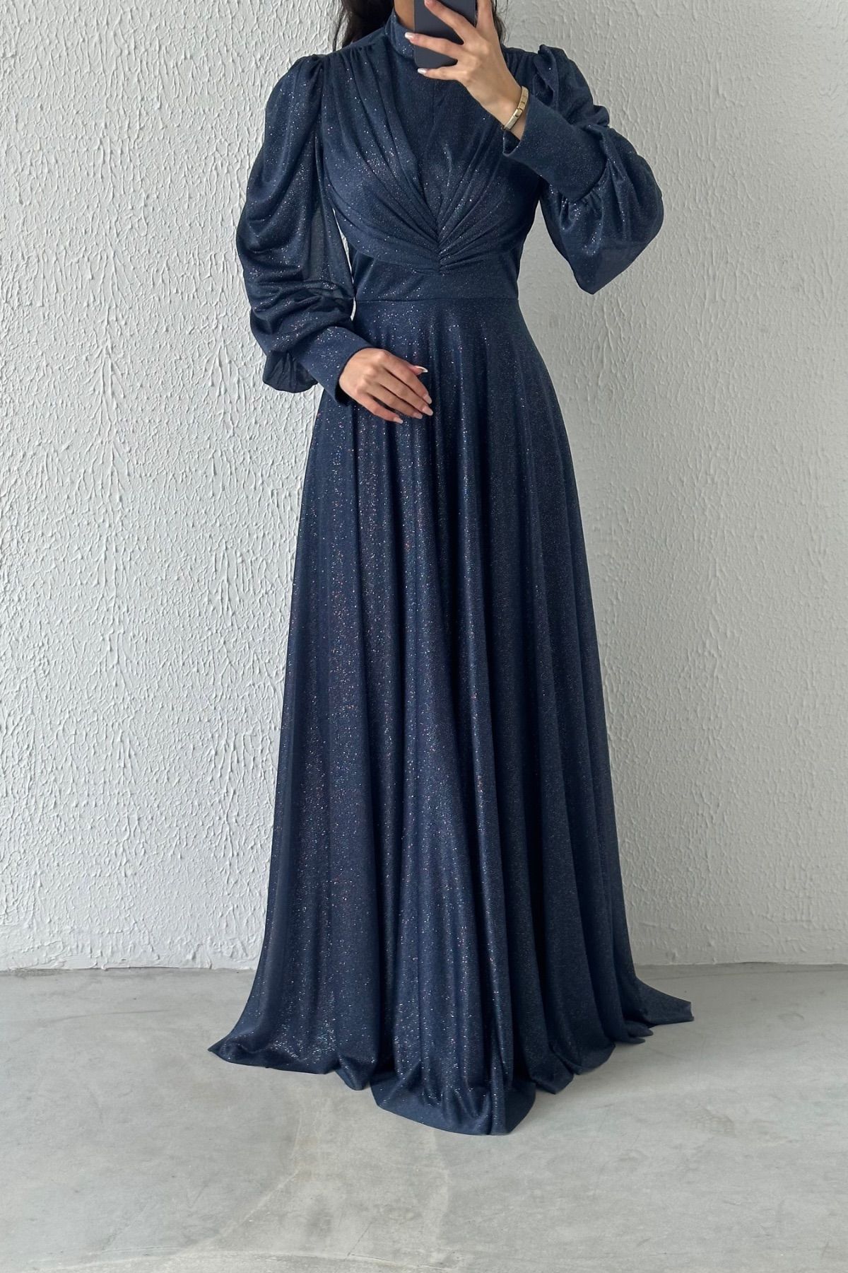 Drape Detailed Glittered Hijab Evening Dress Navy Blue